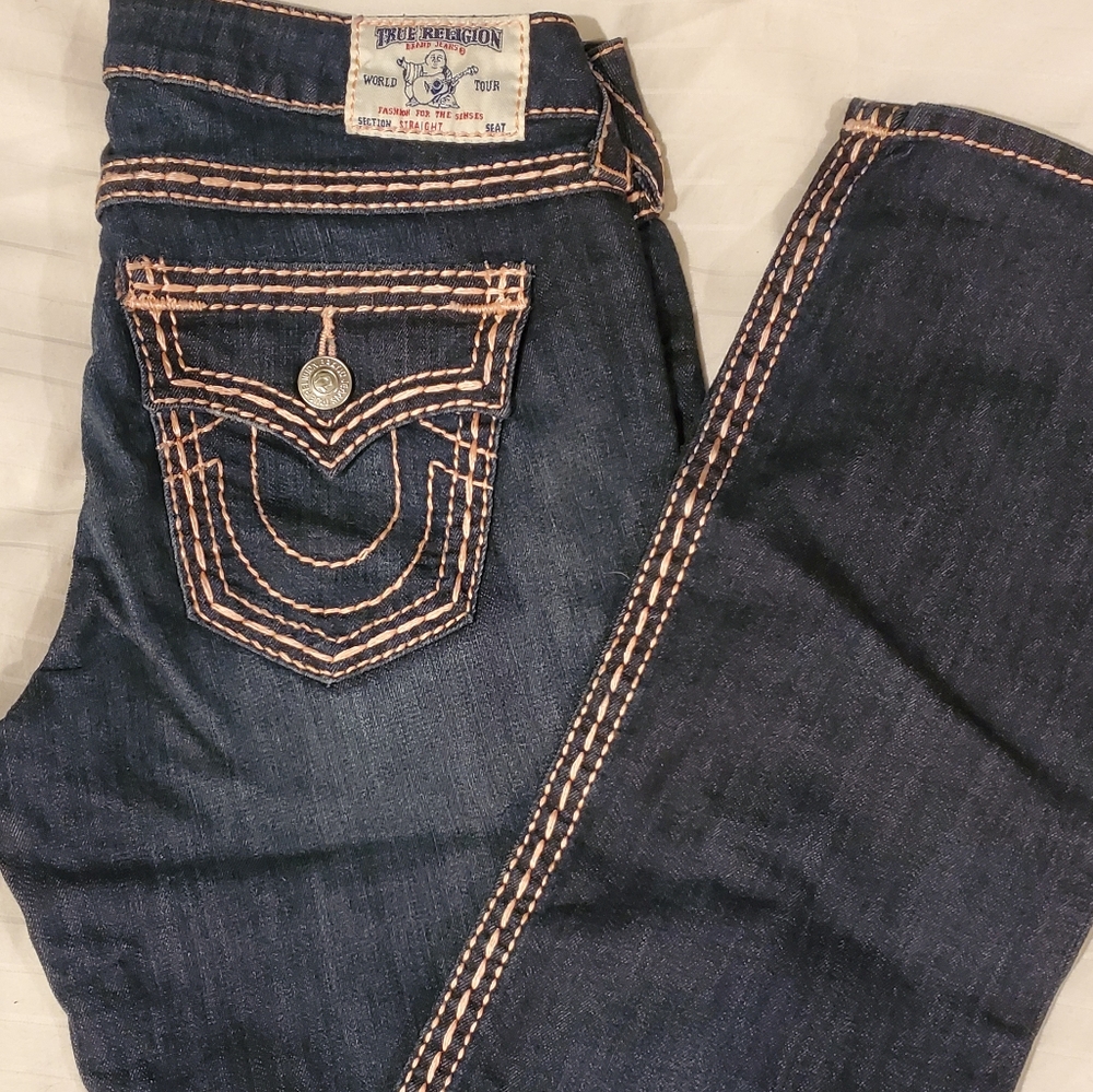 SALE**True Religion Dark Jean's with Peach Stitch